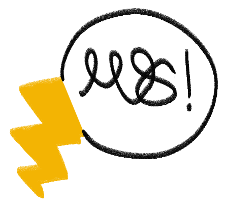 A speech bubble coming from a yellow lightning bolt with a scribble and an excalamation point in it.